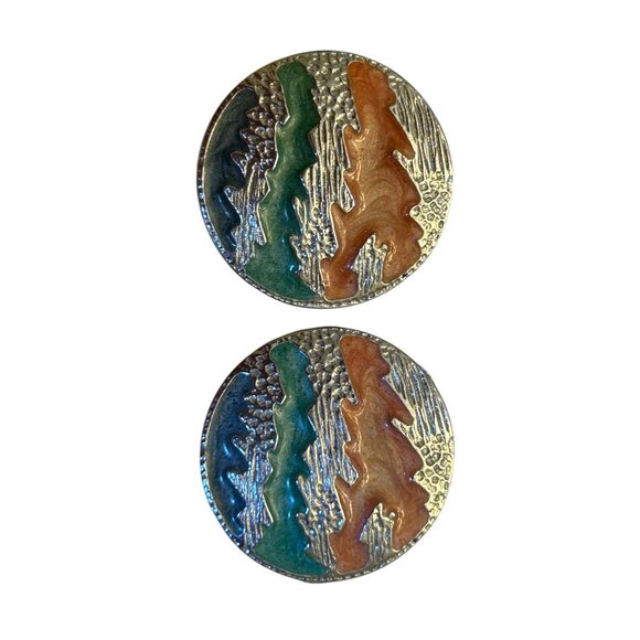 Vintage Round Abstract Enamel Silver-Tone Earrings With Orange & Green Design - Picture 5 of 7